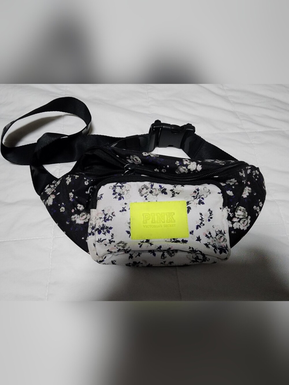 PINK Victoria's Secret Black & White Floral fanny pack with Neon Yellow Patch